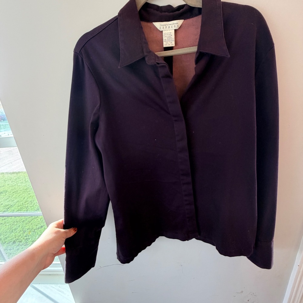VTG Express Button Up Shirt Women 13 14 Purple Stretch Minimalist Dark Academia
